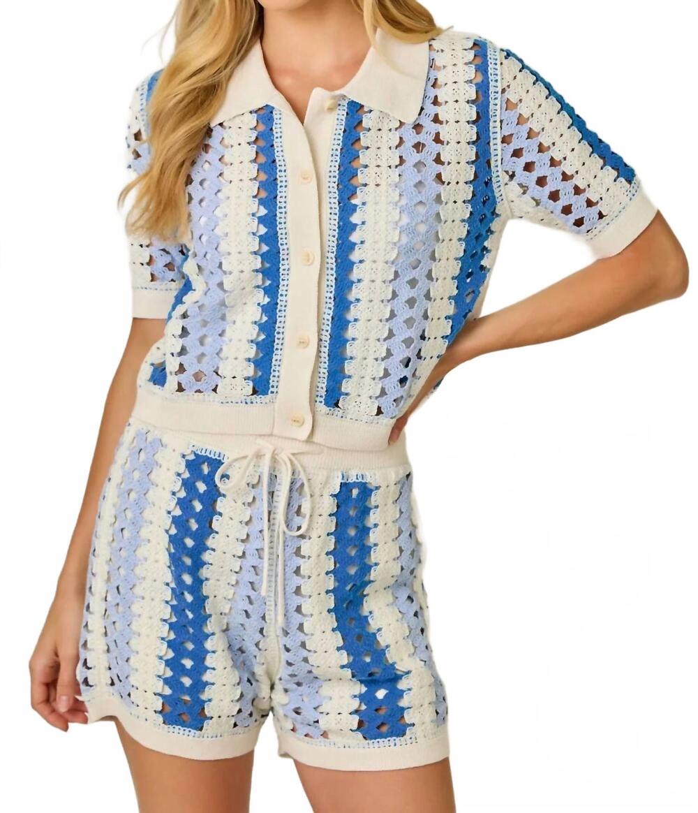 NEW MYSTREE crochet buttoned polo knit shirt in blue